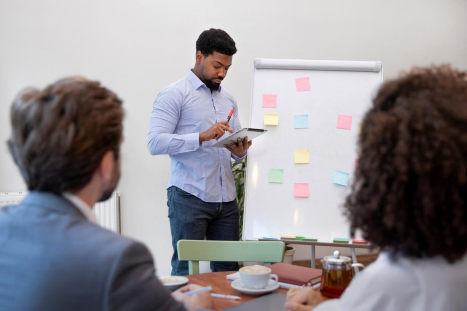 Modern learning space with participants engaged in collaborative fintech analysis